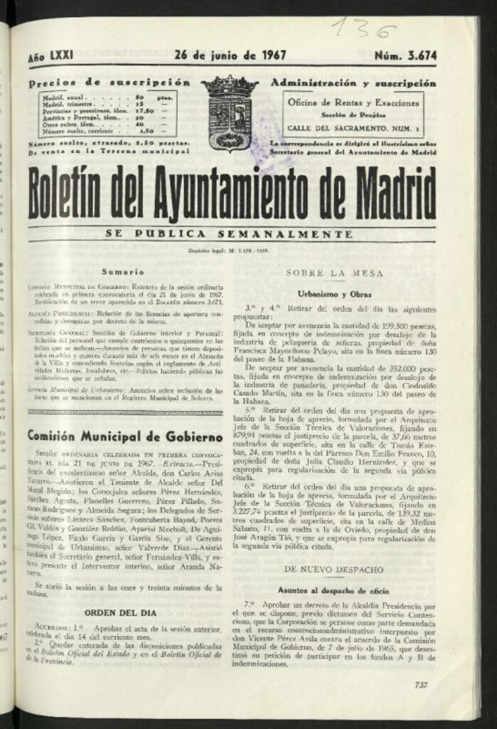 Miniatura de Boletín oficial del Ayuntamiento del 26 de junio de 1967, nº 3674