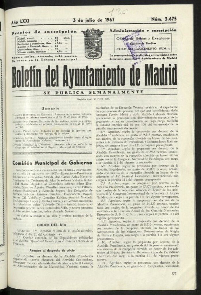 Miniatura de Boletín oficial del Ayuntamiento del 3 de julio de 1967, nº 3675