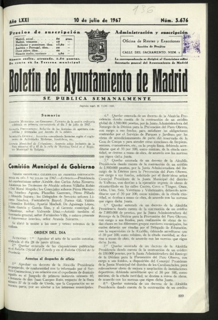 Miniatura de Boletín oficial del Ayuntamiento del 10 de julio de 1967, nº 3676