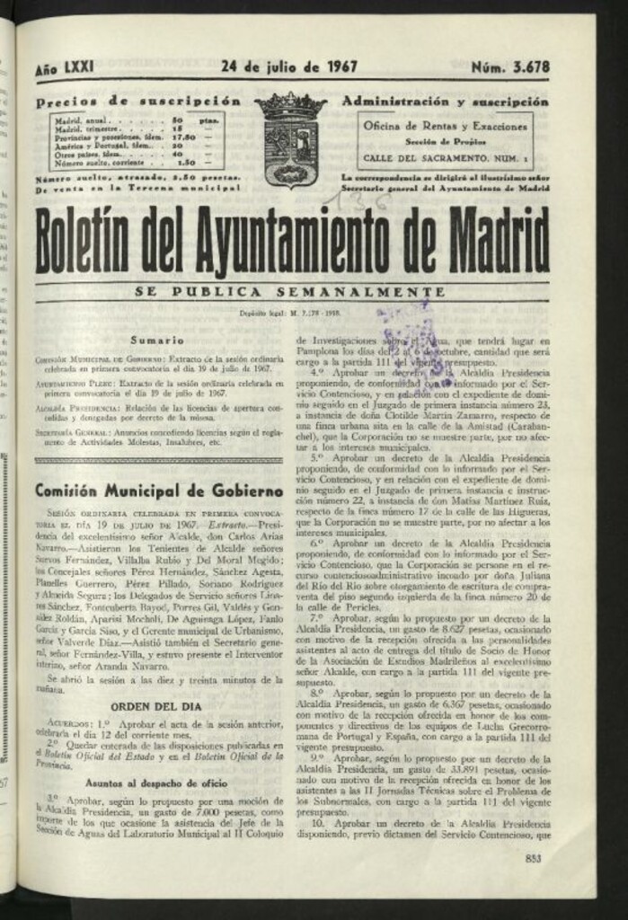 Miniatura de Boletín oficial del Ayuntamiento del 24 de julio de 1967, nº 3678