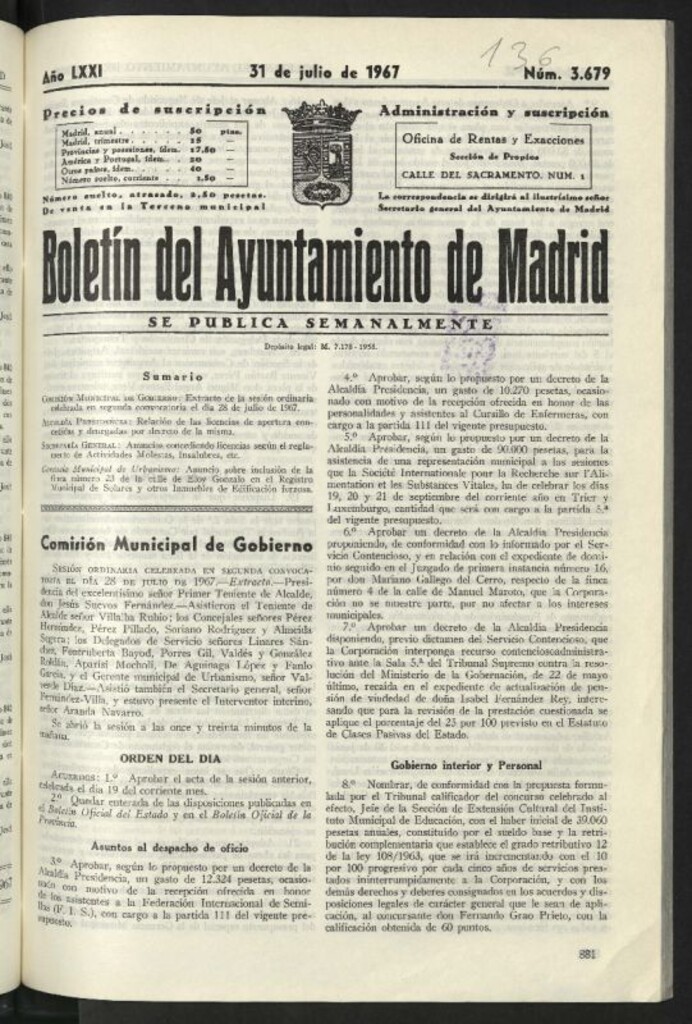 Miniatura de Boletín oficial del Ayuntamiento del 31 de julio de 1967, nº 3679
