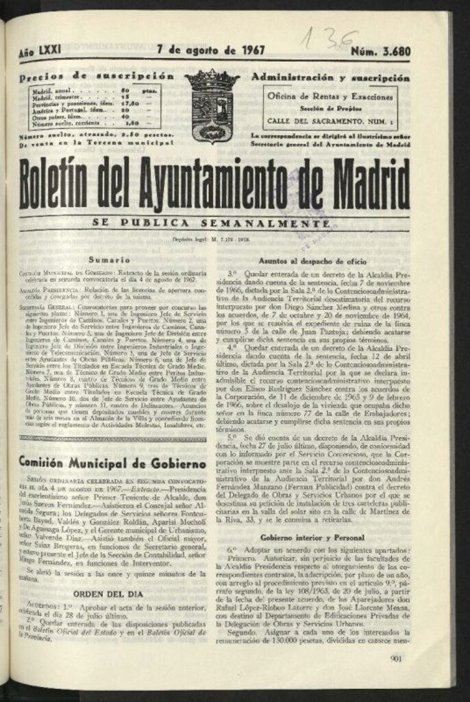 Miniatura de Boletín oficial del Ayuntamiento del 7 de agosto de 1967, nº 3680
