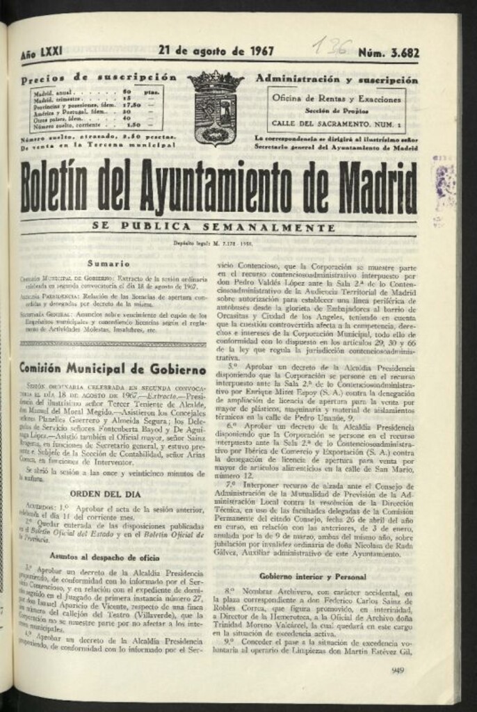 Miniatura de Boletín oficial del Ayuntamiento del 21 de agosto de 1967, nº 3682