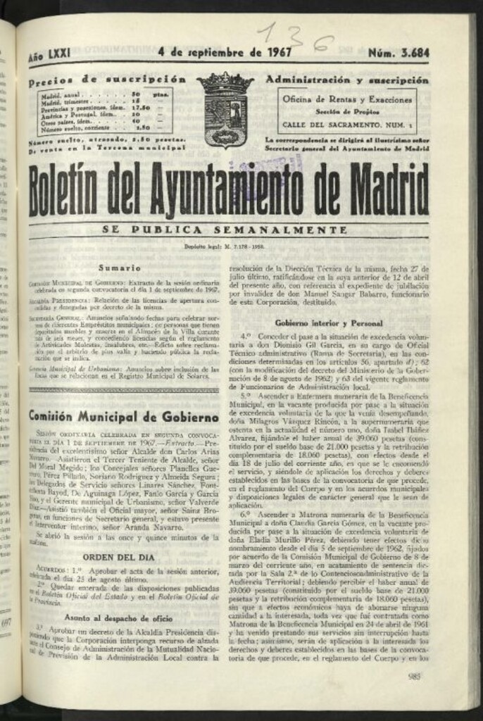 Miniatura de Boletín oficial del Ayuntamiento del 4 de septiembre de 1967, nº 3684