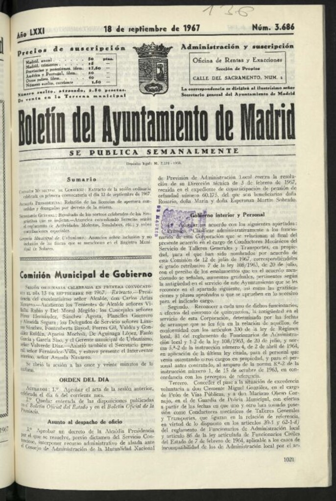 Miniatura de Boletín oficial del Ayuntamiento del 18 de septiembre de 1967, nº 3686