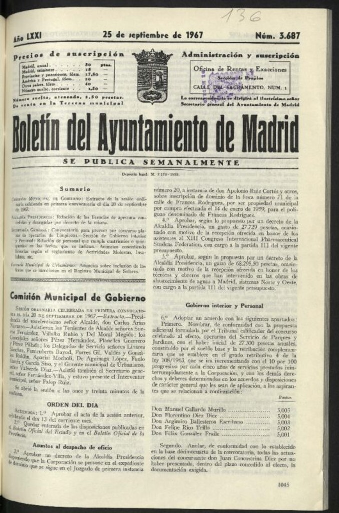 Miniatura de Boletín oficial del Ayuntamiento del 25 de septiembre de 1967, nº 3687