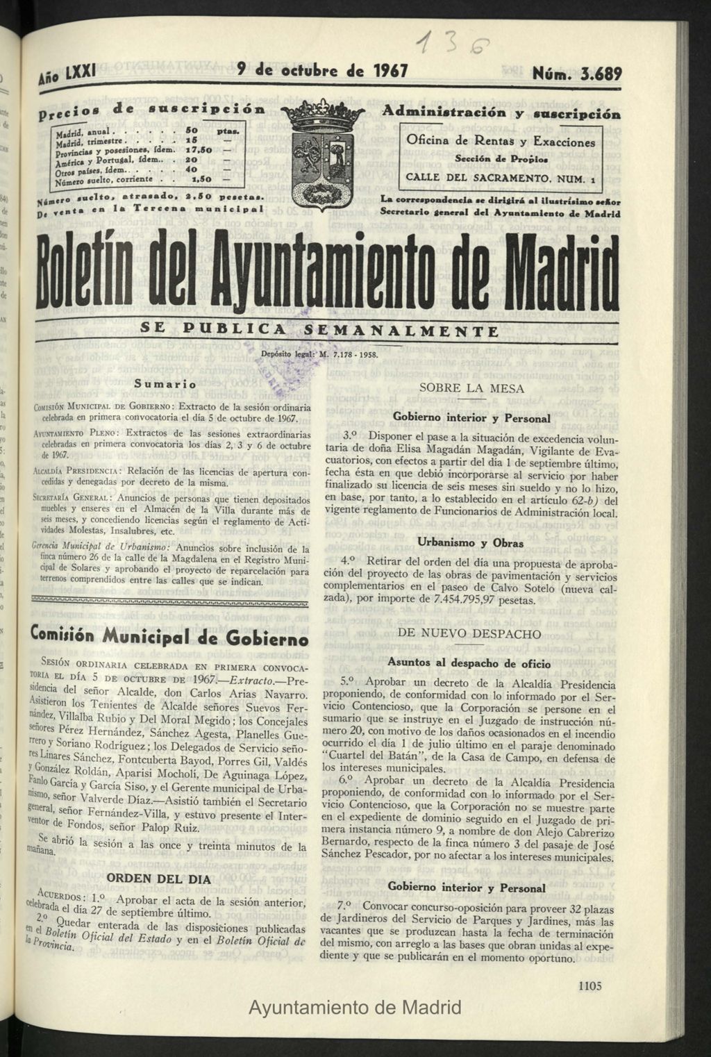 Miniatura de Boletín oficial del Ayuntamiento del 9 de octubre de 1967, nº 3689