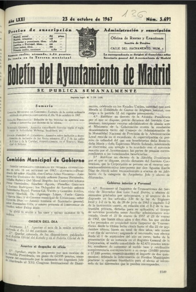 Miniatura de Boletín oficial del Ayuntamiento del 23 de octubre de 1967, nº 3691