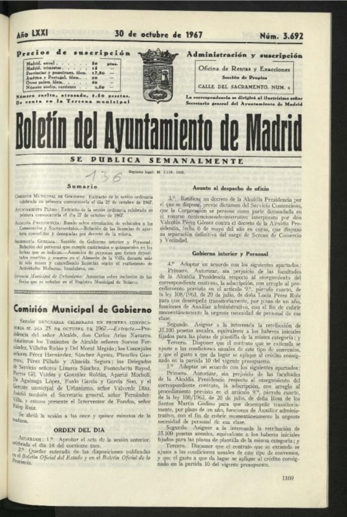Miniatura de Boletín oficial del Ayuntamiento del 30 de octubre de 1967, nº 3692