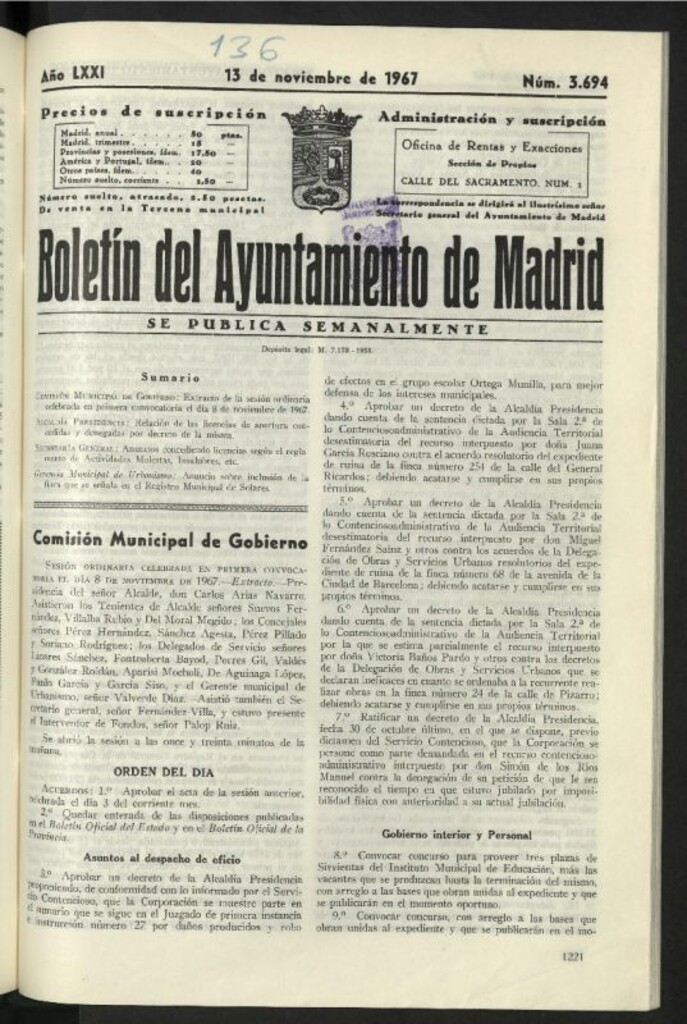 Miniatura de Boletín oficial del Ayuntamiento del 13 de noviembre de 1967, nº 3694