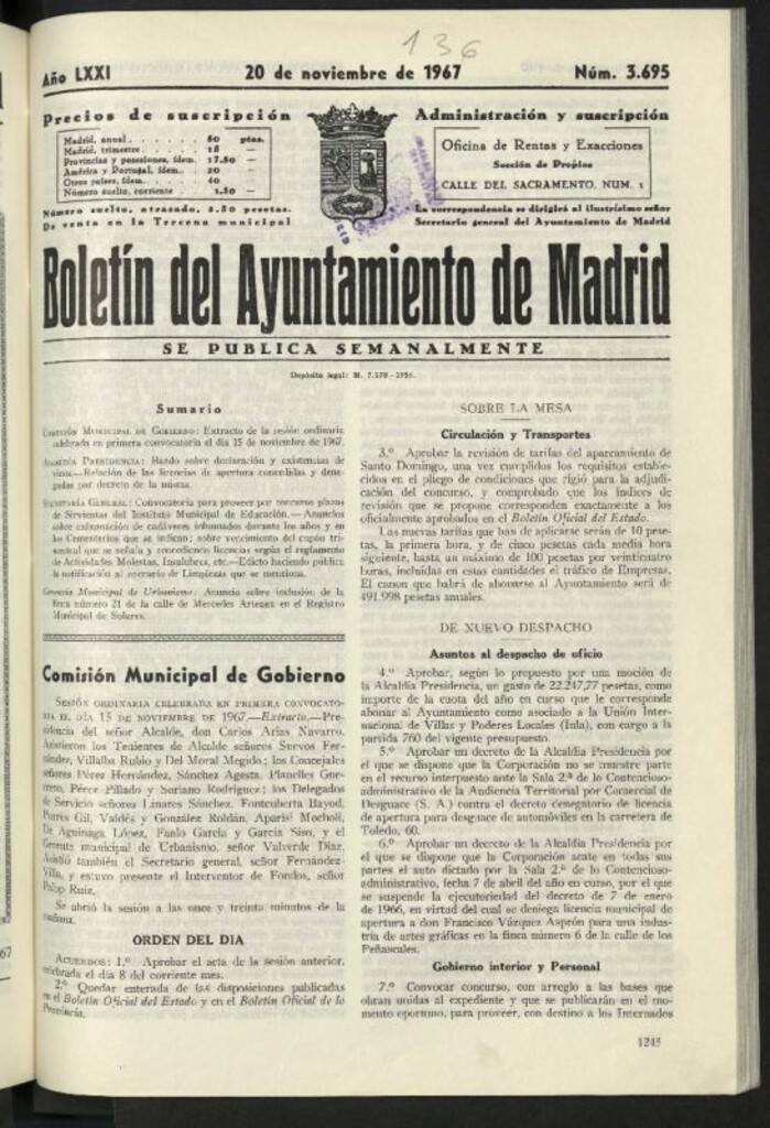 Miniatura de Boletín oficial del Ayuntamiento del 20 de noviembre de 1967, nº 3695