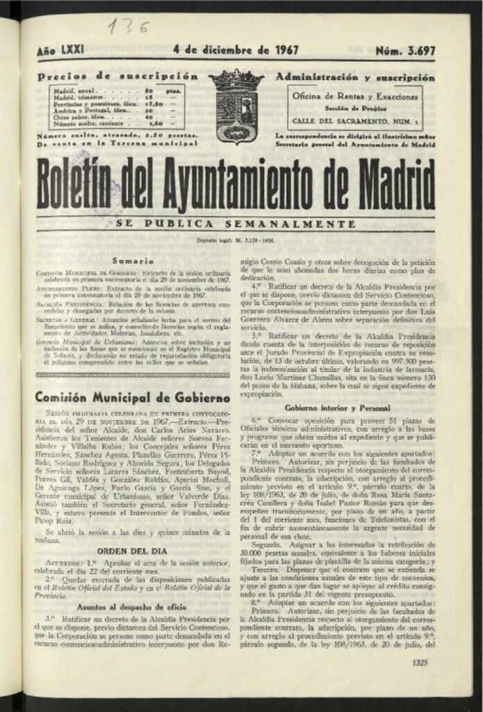 Miniatura de Boletín oficial del Ayuntamiento del 4 de diciembre de 1967, nº 3697