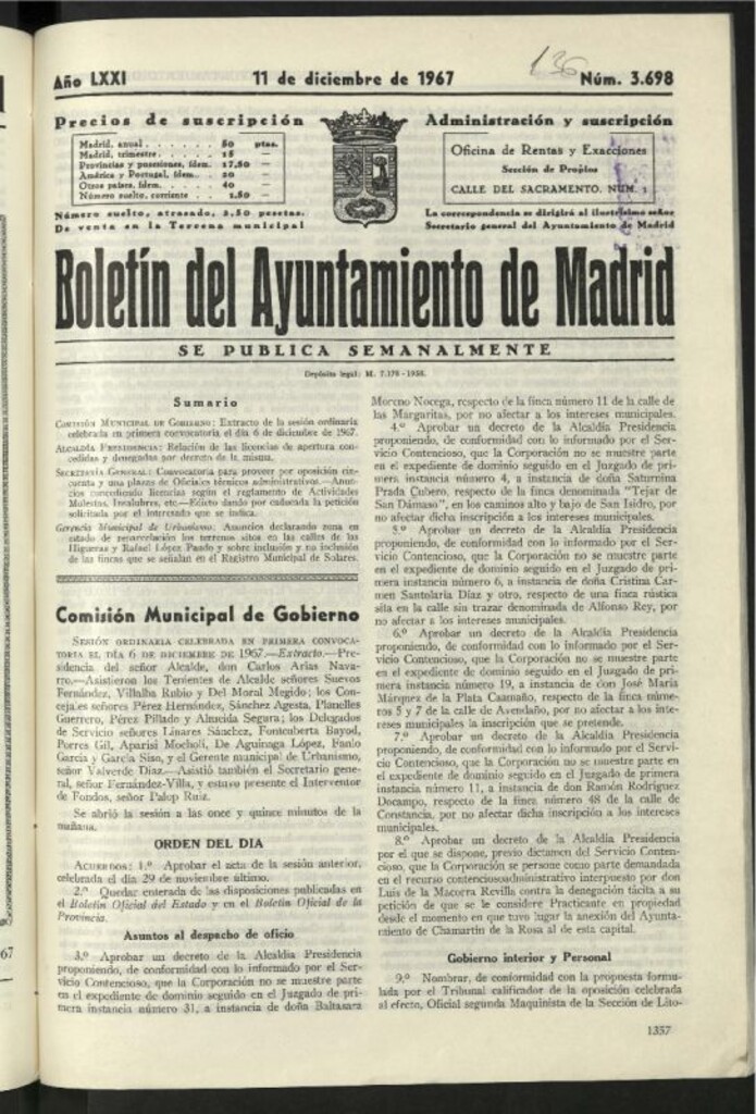 Miniatura de Boletín oficial del Ayuntamiento del 11 de diciembre de 1967, nº 3698