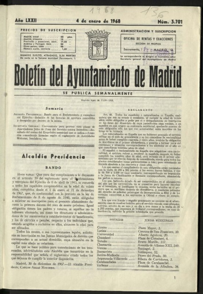 Miniatura de Boletín oficial del Ayuntamiento del 4 de enero de 1968, nº 3701