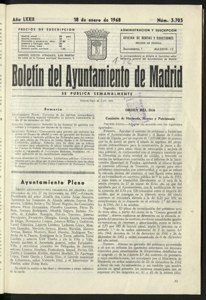 Miniatura de Boletín oficial del Ayuntamiento del 18 de enero de 1968, nº 3703