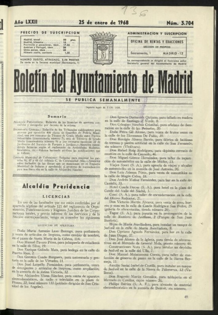 Miniatura de Boletín oficial del Ayuntamiento del 25 de enero de 1968, nº 3704