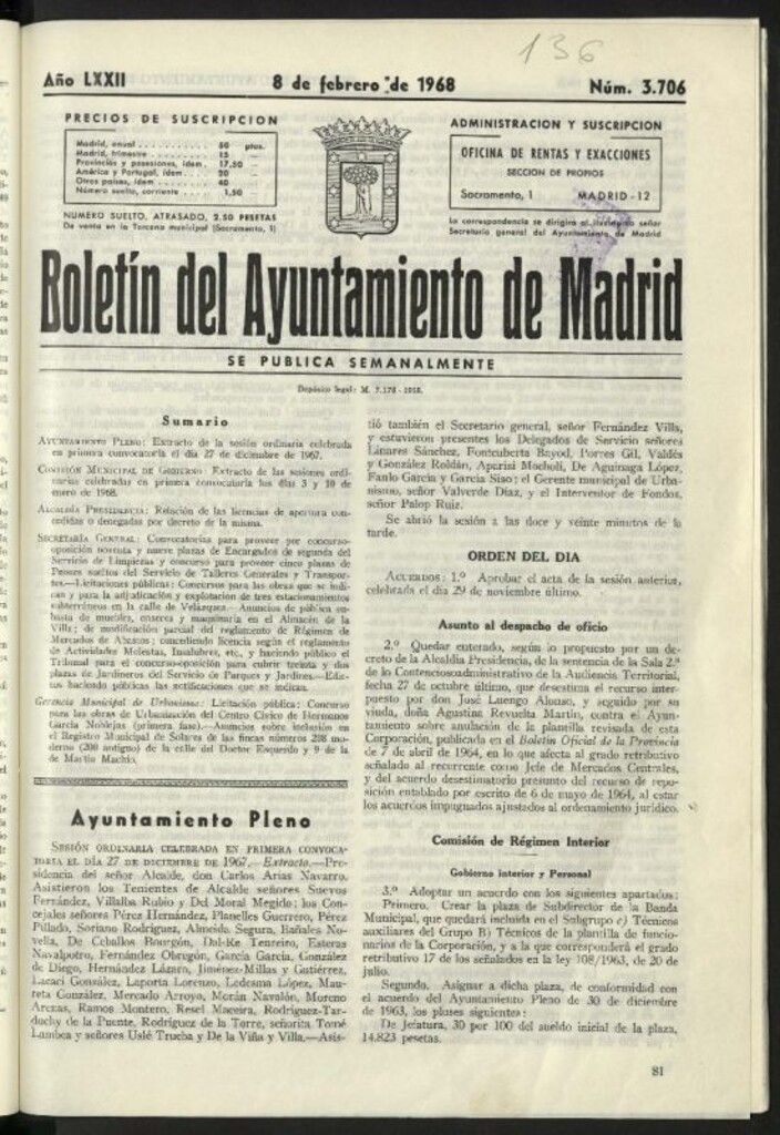 Miniatura de Boletín oficial del Ayuntamiento del 8 de febrero de 1968, nº 3706