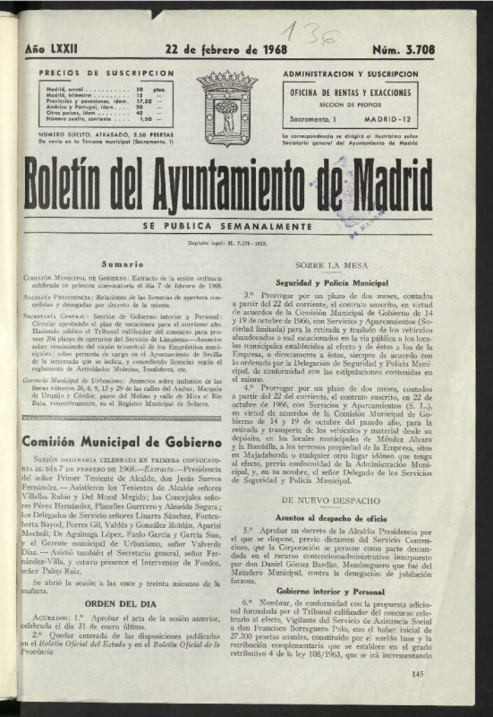 Miniatura de Boletín oficial del Ayuntamiento del 22 de febrero de 1968, nº 3708