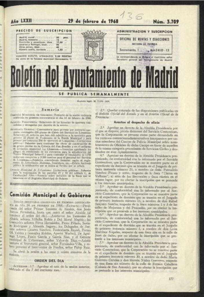 Miniatura de Boletín oficial del Ayuntamiento del 29 de febrero de 1968, nº 3709
