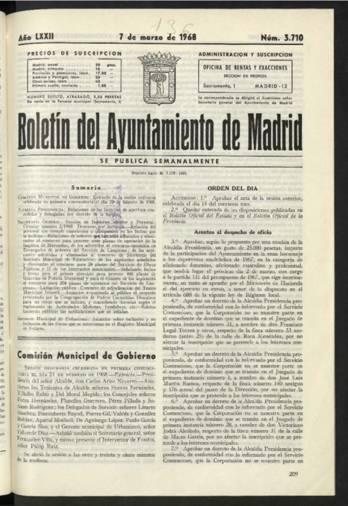 Miniatura de Boletín oficial del Ayuntamiento del 7 de marzo de 1968, nº 3710