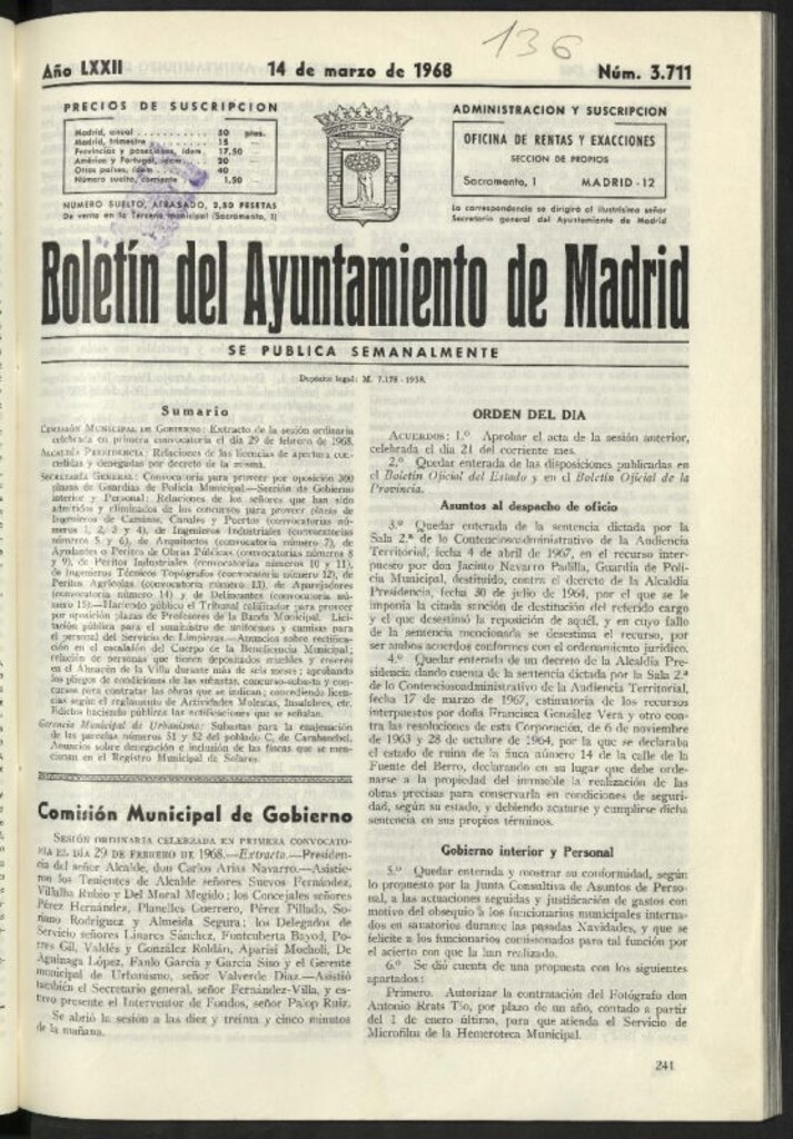 Miniatura de Boletín oficial del Ayuntamiento del 14 de marzo de 1968, nº 3711