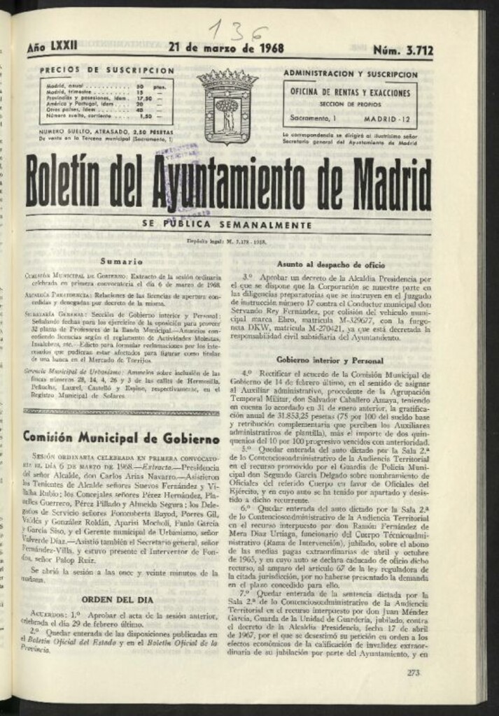 Miniatura de Boletín oficial del Ayuntamiento del 21 de marzo de 1968, nº 3712