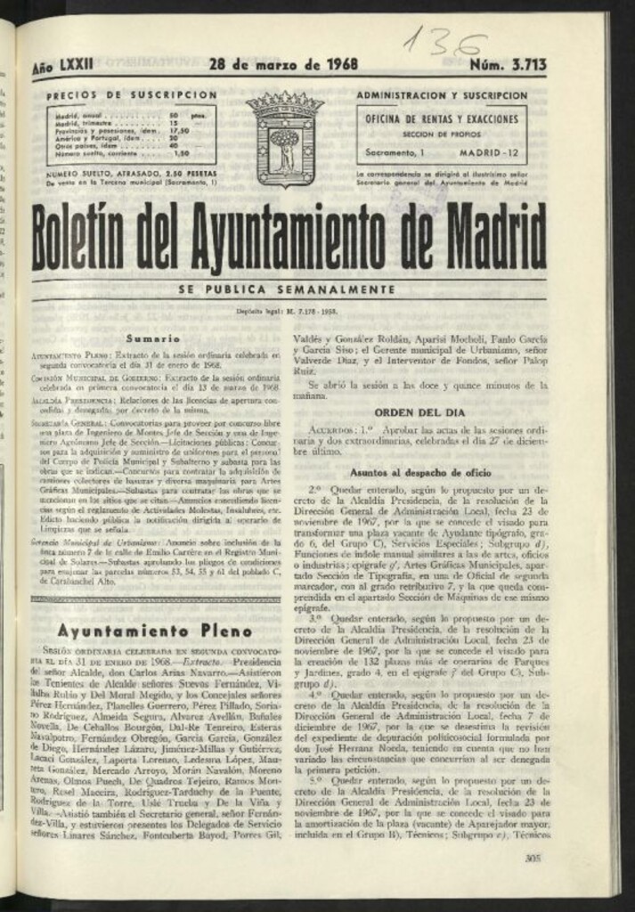 Miniatura de Boletín oficial del Ayuntamiento del 28 de marzo de 1968, nº 3713