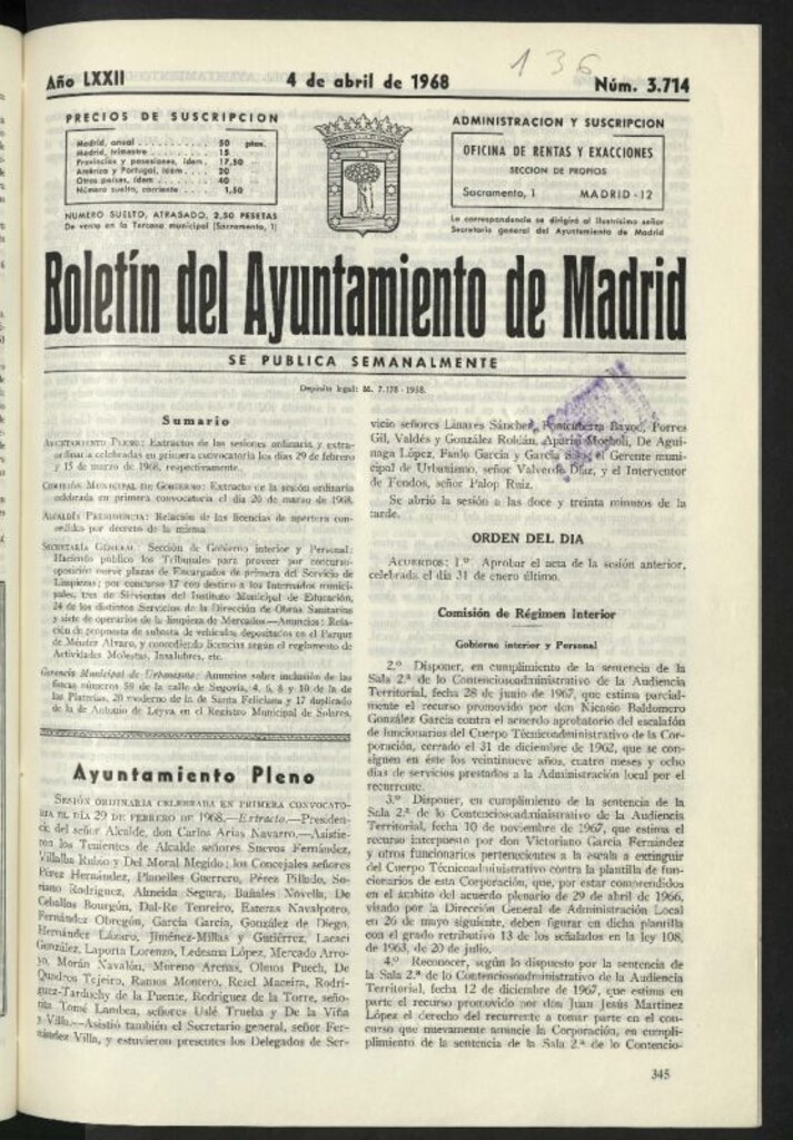 Miniatura de Boletín oficial del Ayuntamiento del 4 de abril de 1968, nº 3714