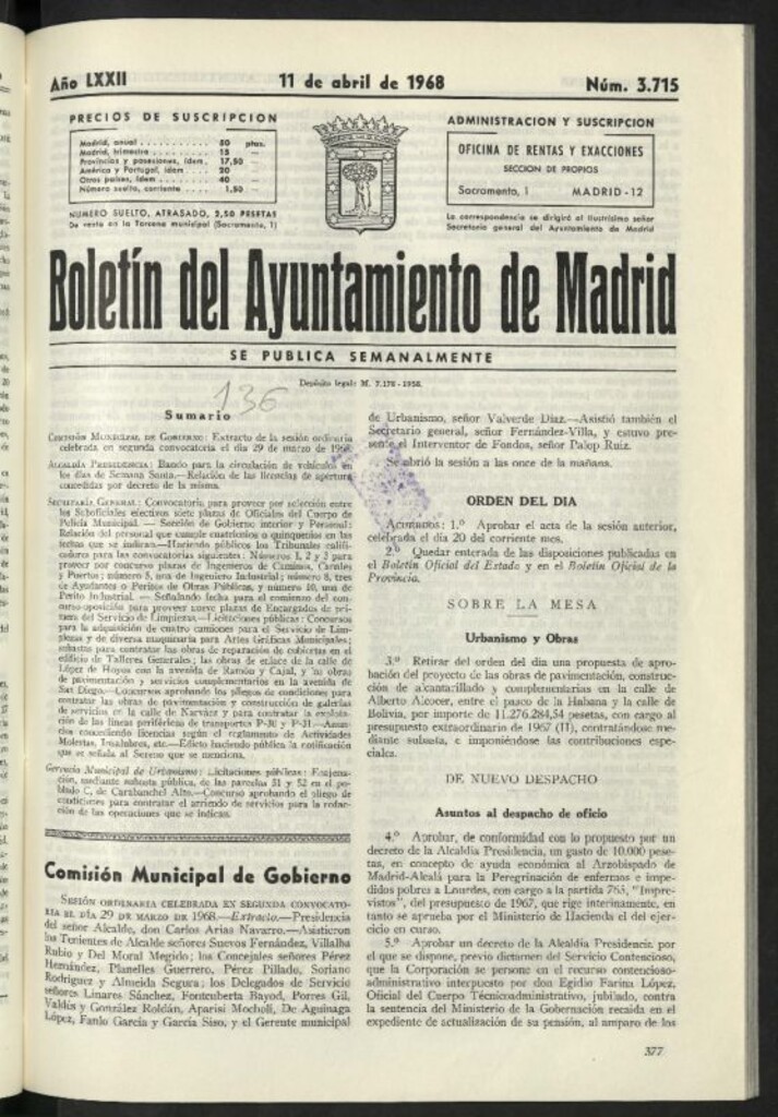 Miniatura de Boletín oficial del Ayuntamiento del 11 de abril de 1968, nº 3715