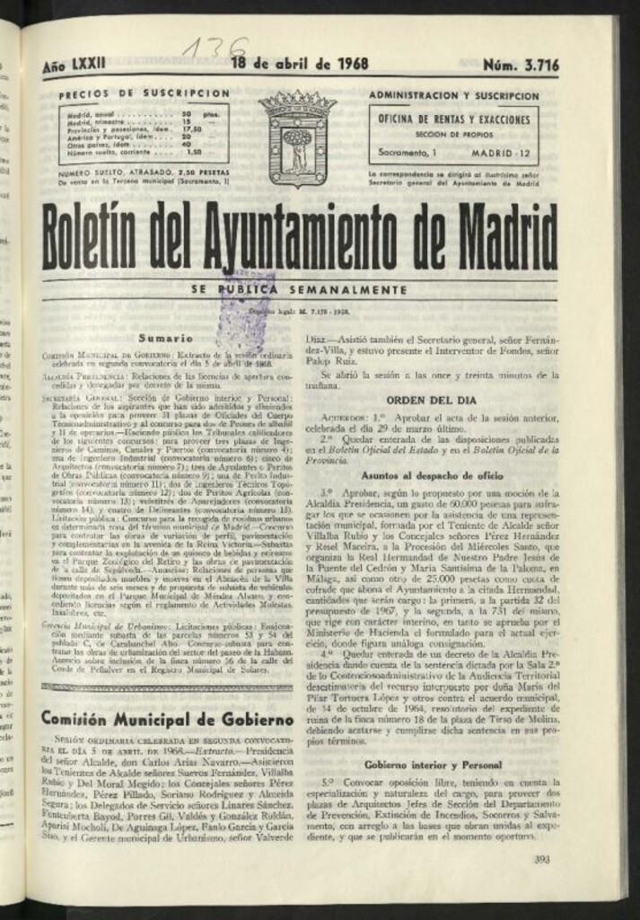 Miniatura de Boletín oficial del Ayuntamiento del 18 de abril de 1968, nº 3716