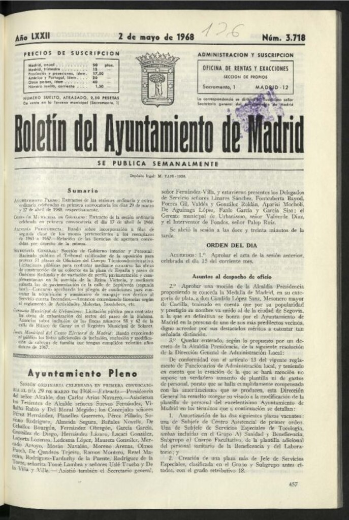 Miniatura de Boletín oficial del Ayuntamiento del 2 de mayo de 1968, nº 3718
