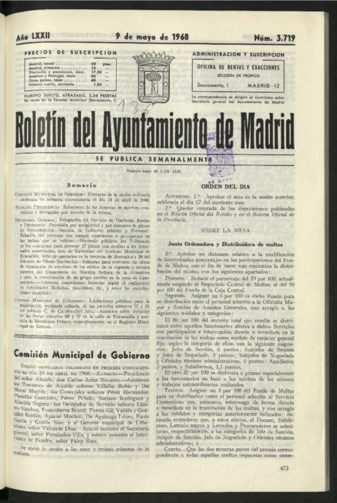 Miniatura de Boletín oficial del Ayuntamiento del 9 de mayo de 1968, nº 3719