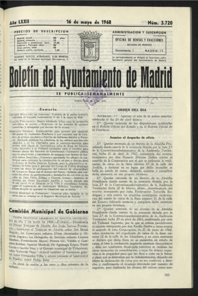 Miniatura de Boletín oficial del Ayuntamiento del 16 de mayo de 1968, nº 3720