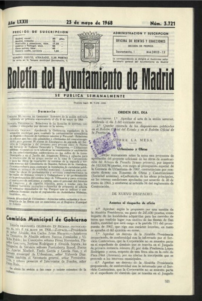 Miniatura de Boletín oficial del Ayuntamiento del 23 de mayo de 1968, nº 3721