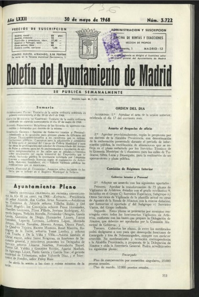 Miniatura de Boletín oficial del Ayuntamiento del 30 de mayo de 1968, nº 3722