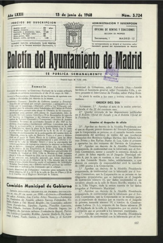 Miniatura de Boletín oficial del Ayuntamiento del 13 de junio de 1968, nº 3724