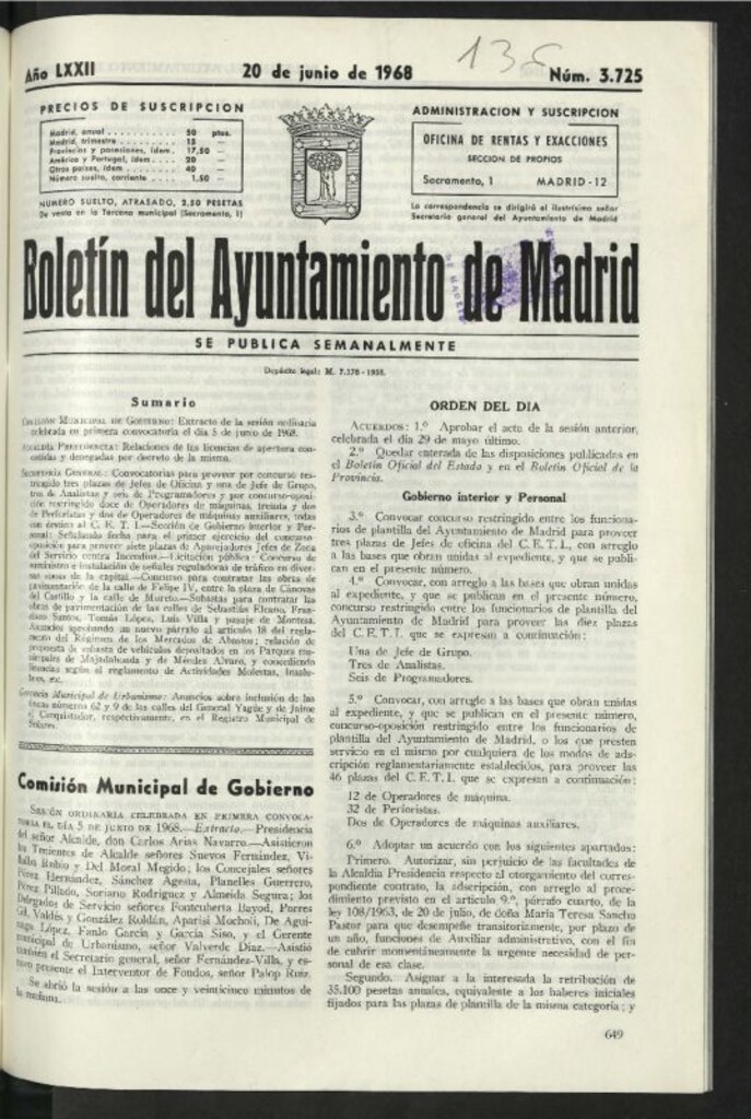 Miniatura de Boletín oficial del Ayuntamiento del 20 de junio de 1968, nº 3725