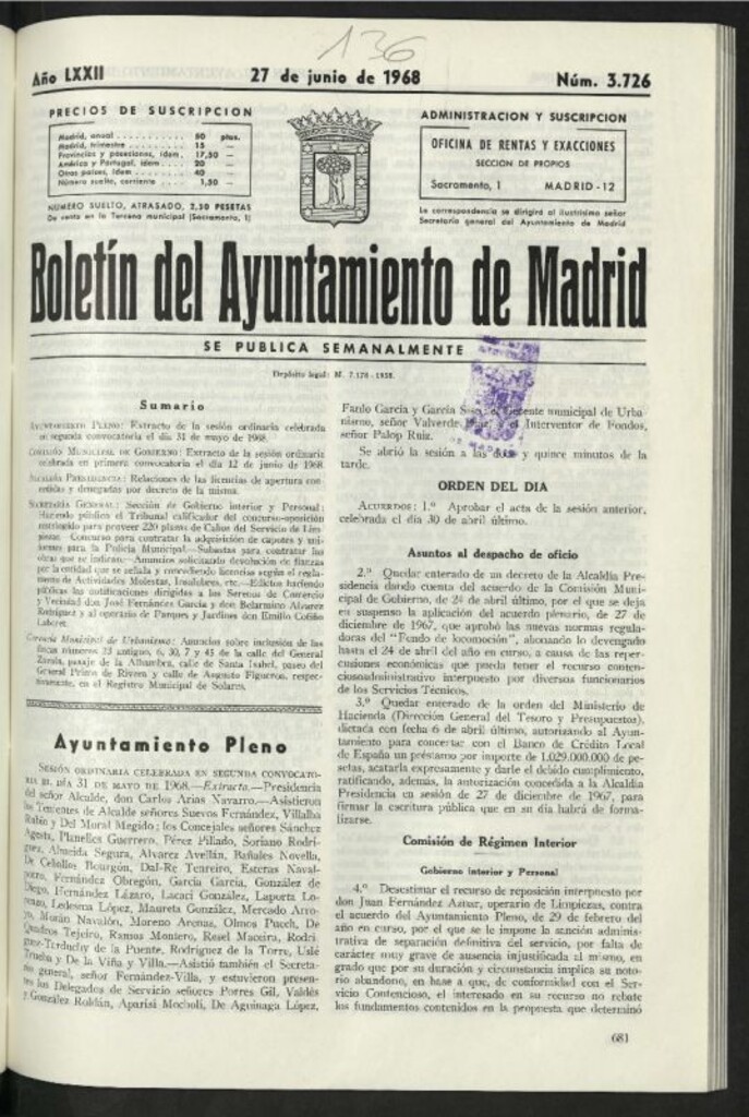 Miniatura de Boletín oficial del Ayuntamiento del 27 de junio de 1968, nº 3726