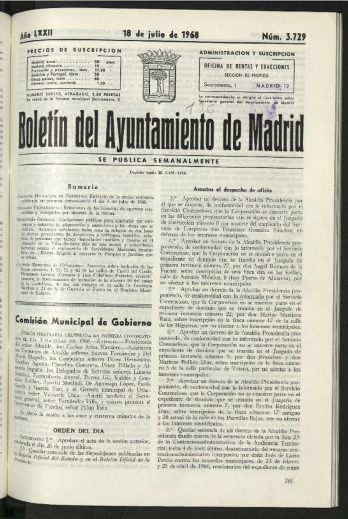 Miniatura de Boletín oficial del Ayuntamiento del 18 de julio de 1968, nº 3729