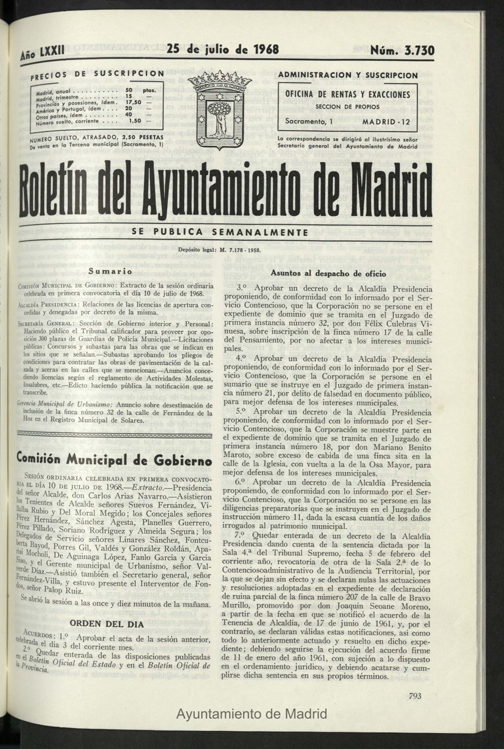 Miniatura de Boletín oficial del Ayuntamiento del 25 de julio de 1968, nº 3730