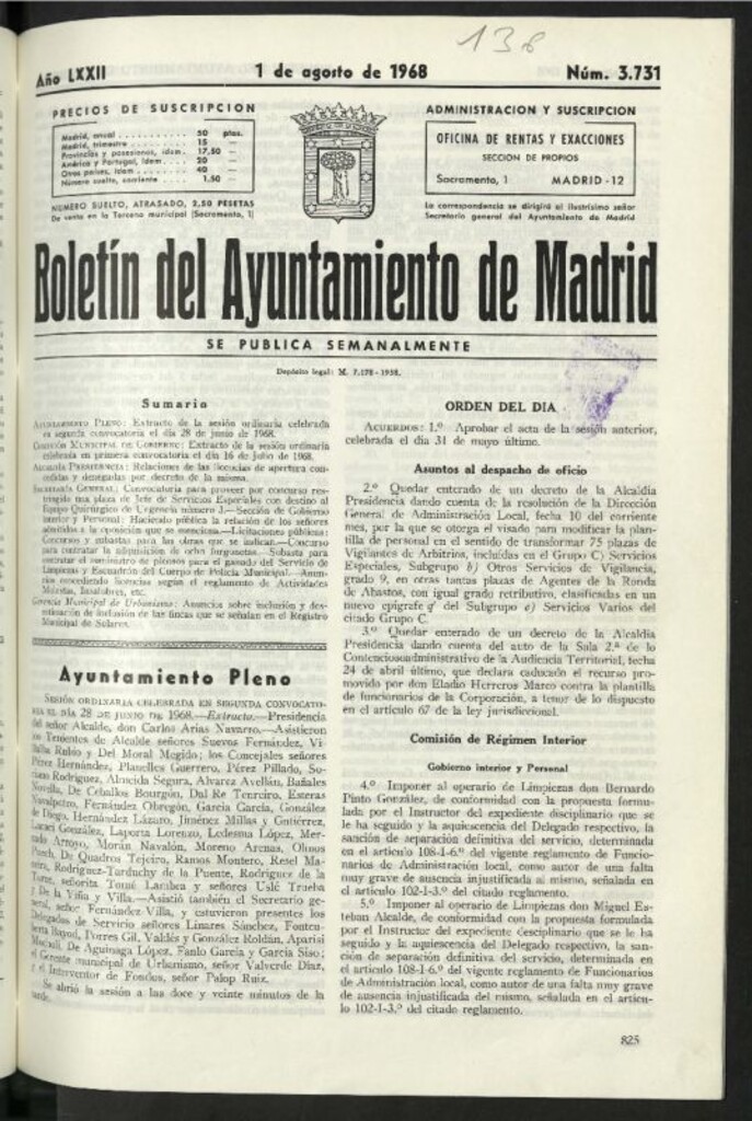 Miniatura de Boletín oficial del Ayuntamiento del 1 de agosto de 1968, nº 3731