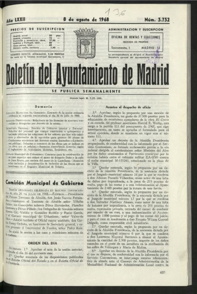Miniatura de Boletín oficial del Ayuntamiento del 8 de agosto de 1968, nº 3732
