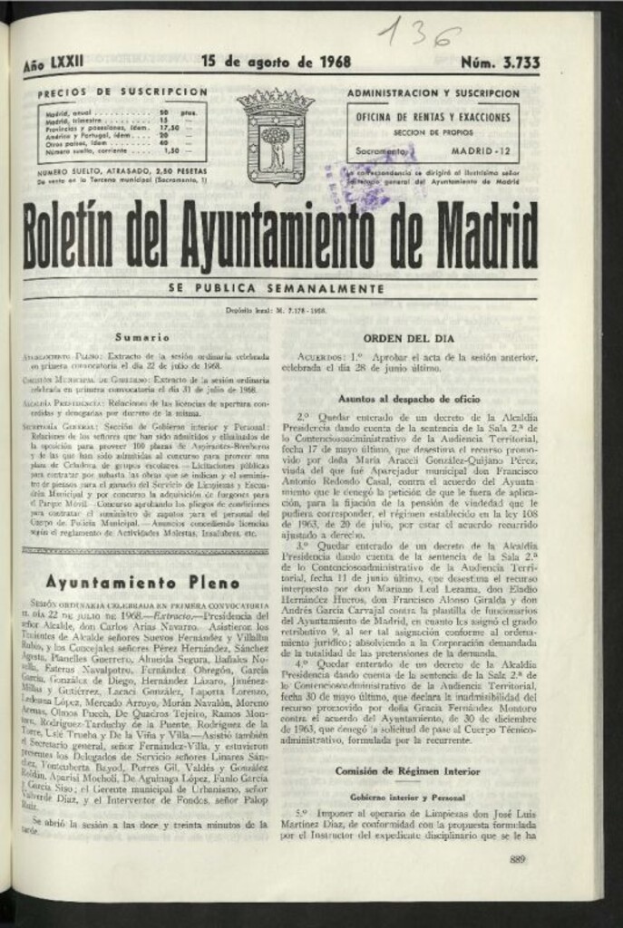 Miniatura de Boletín oficial del Ayuntamiento del 15 de agosto de 1968, nº 3733