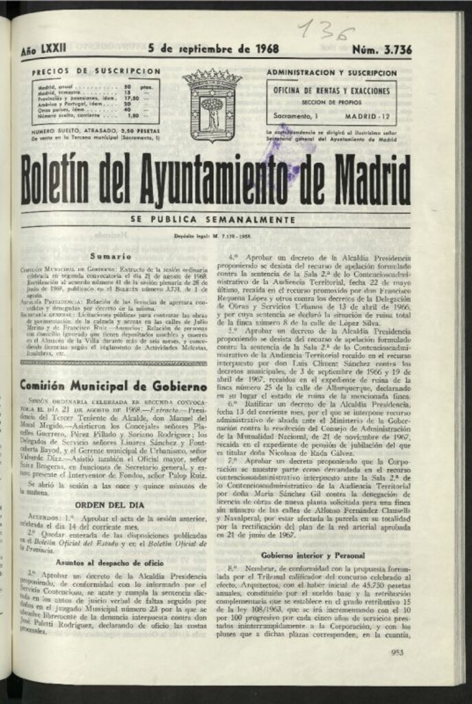 Miniatura de Boletín oficial del Ayuntamiento del 5 de septiembre de 1968, nº 3736