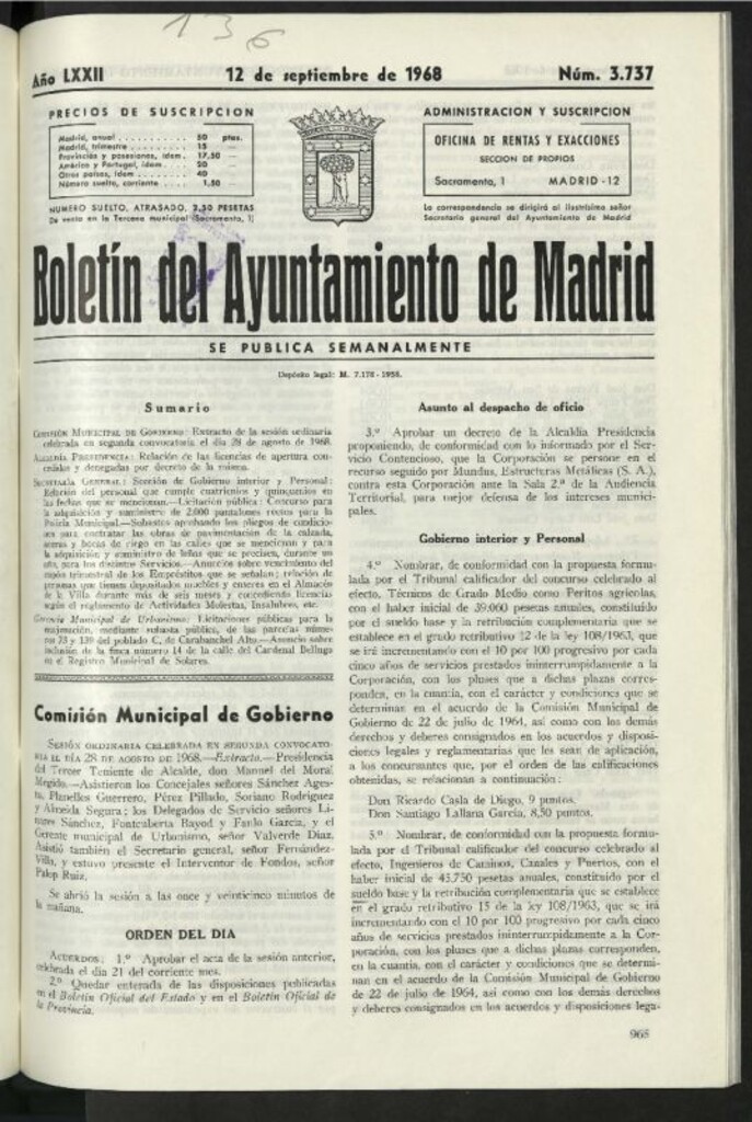 Miniatura de Boletín oficial del Ayuntamiento del 12 de septiembre de 1968, nº 3737