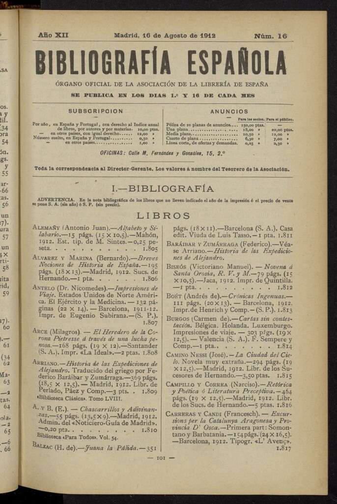 Miniatura de Bibliografía Española del 16 de agosto de 1912
