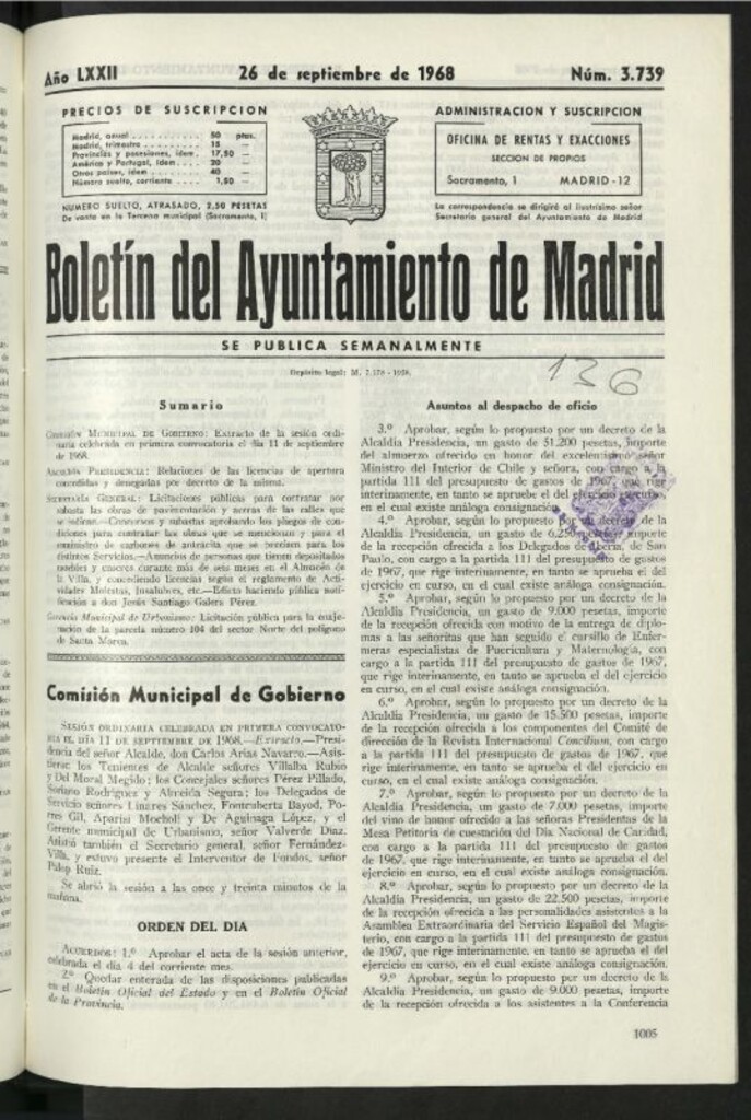 Miniatura de Boletín oficial del Ayuntamiento del 26 de septiembre de 1968, nº 3739