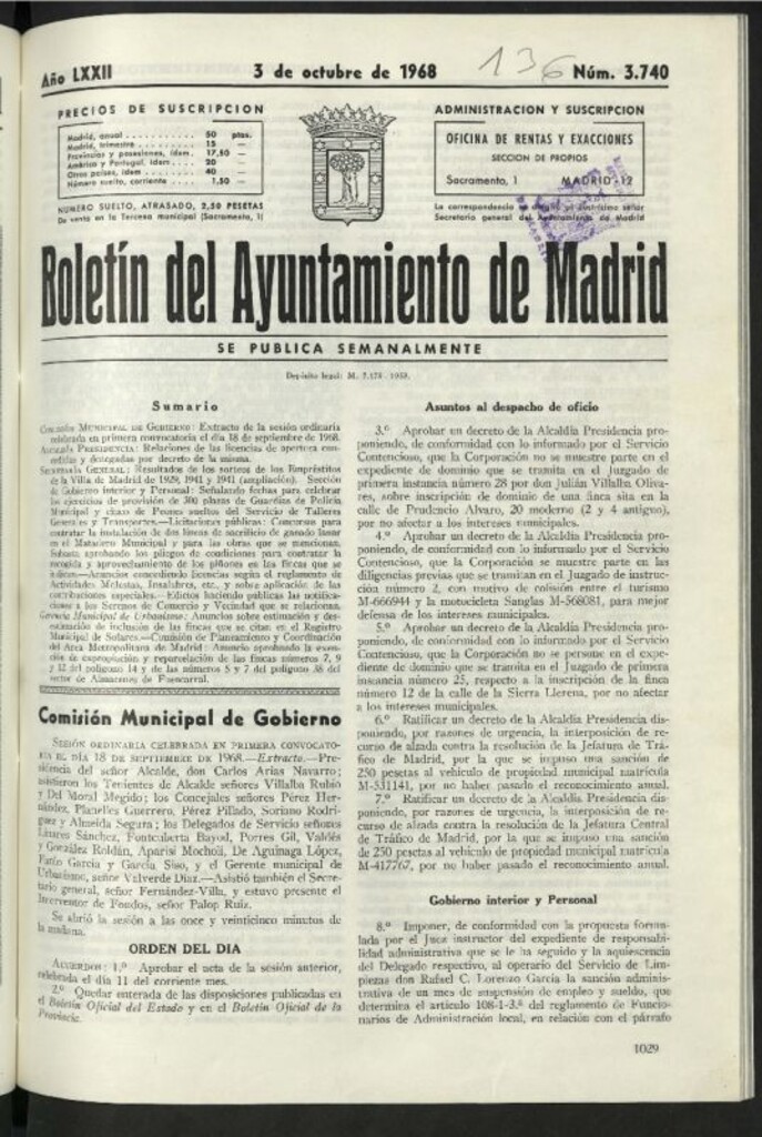 Miniatura de Boletín oficial del Ayuntamiento del 3 de octubre de 1968, nº 3740