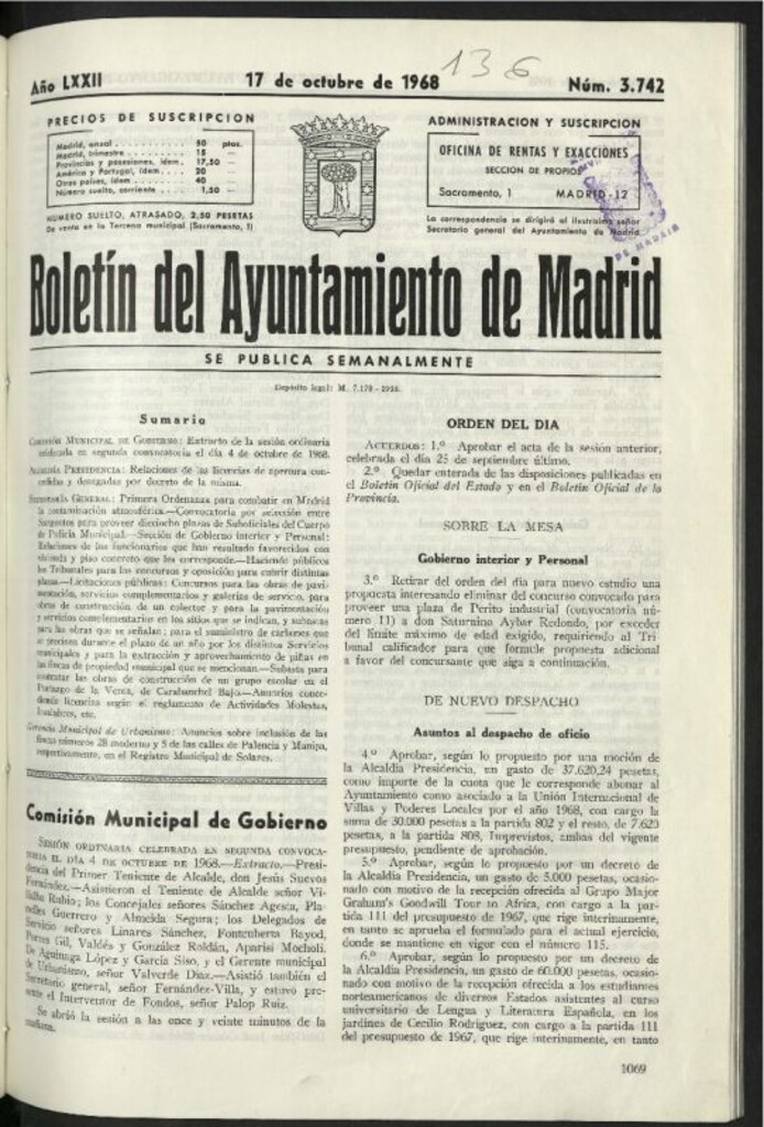 Miniatura de Boletín oficial del Ayuntamiento del 17 de octubre de 1968, nº 3742