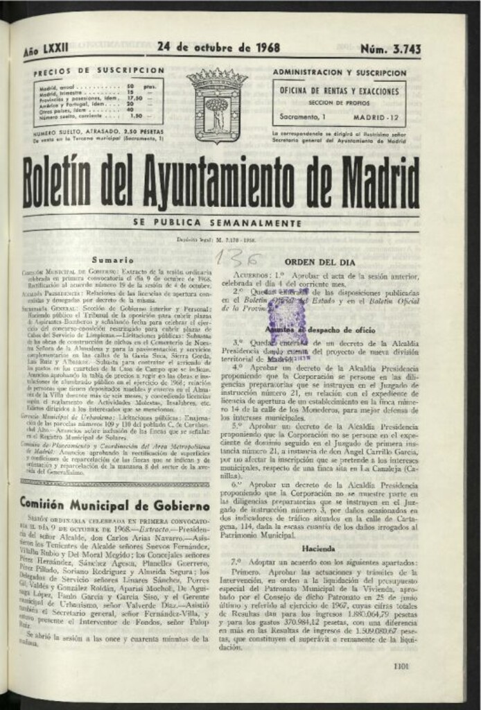 Miniatura de Boletín oficial del Ayuntamiento del 24 de octubre de 1968, nº 3743